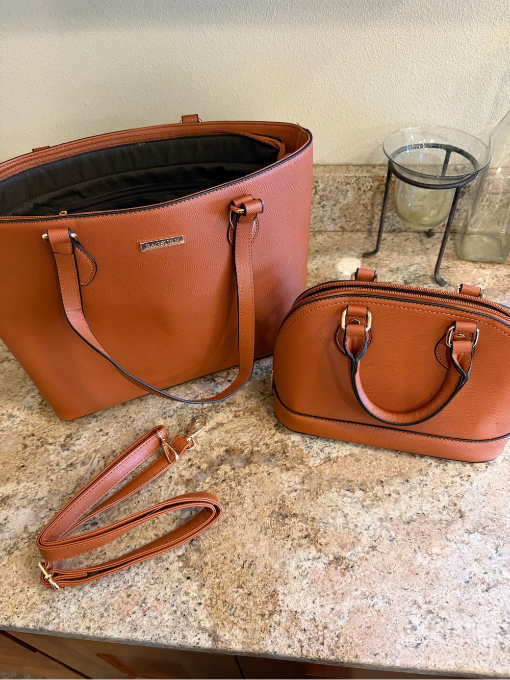Source Unknown Cognac Brown Tote & Dome Satchel Set